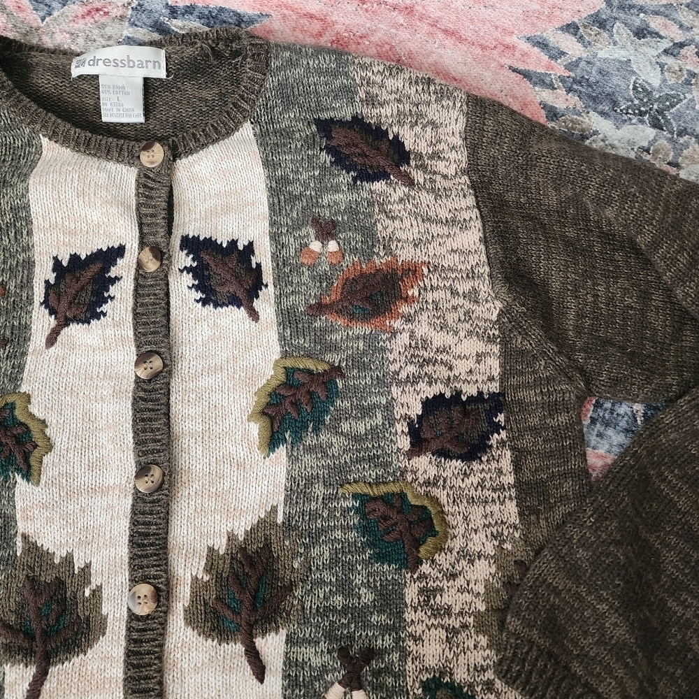 Vintage Dressbarn Fall Leaf Knit Cardigan Cottagecore Earthy L - Picture 7 of 12